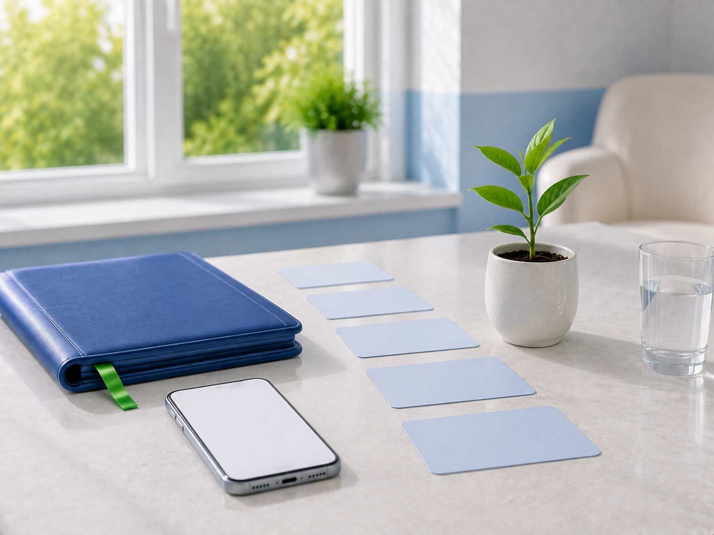 Синяя папка, смартфон, карточки и молодой росток для плана поддержки